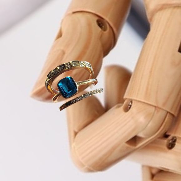 Goldtone Simulated London Blue Topaz Diamond Three Ring Set Size 8.5 - Picture 5 of 5